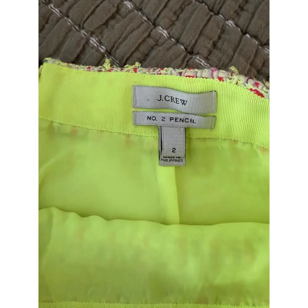 J.‎ CREW Neon Pink/Chartreuse No. 2 Tweed Pencil Skirt Size 2. Preppy Y2K 90s